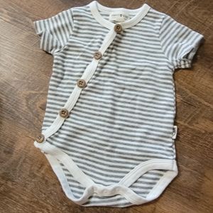 Rabbit and Bear striped kimono onesie, gray and wood buttons